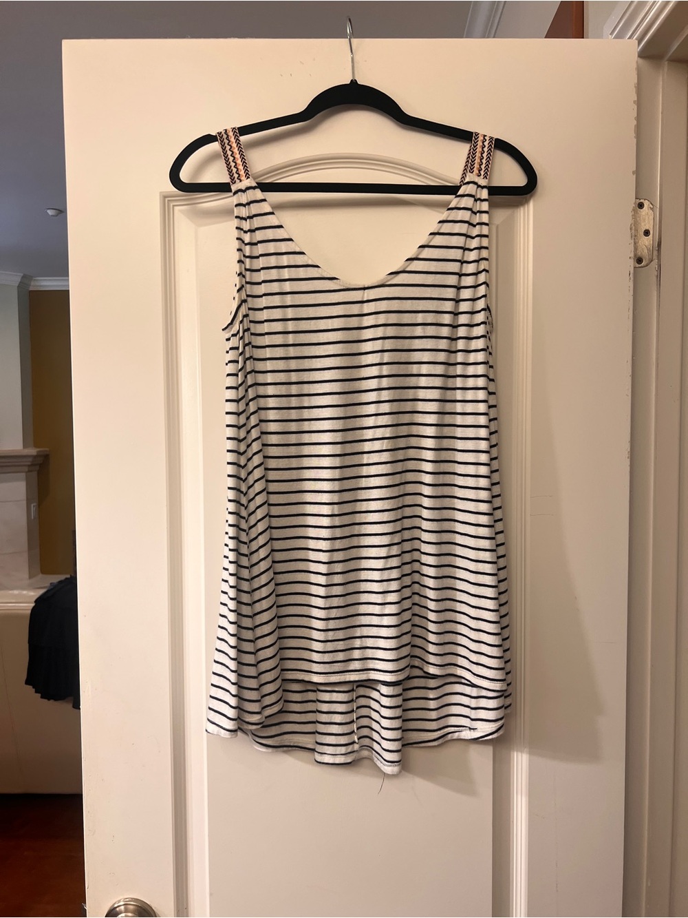 Max Studio High Low Striped Sleeveless Tank with Contrast Straps - Navy